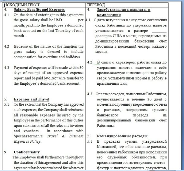 Выдержка из трудового договора